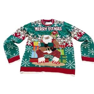 Blizzard Bay Merry Fitmas Ugly Christmas Sweater Santa Lifting‎ men’s size Small